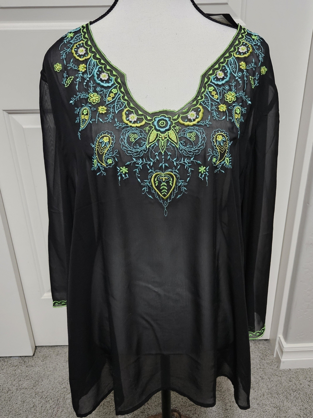 Black Embroidered V-Neck Swim Coverup with Green & Teal Accents